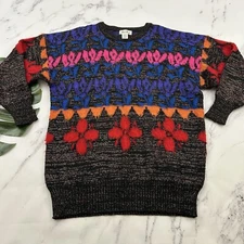 Bee Bee Womens Vintage 90s Pullover Sweater Size M Blue Pink Floral Metallic