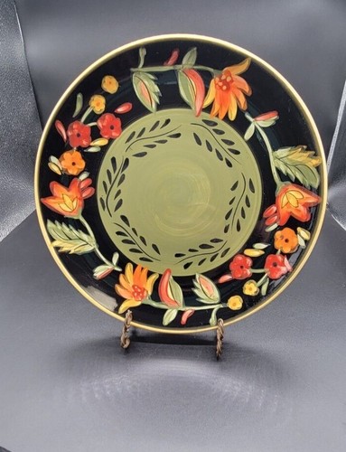 222 Fifth Arabian Flower 11 1/2" Dinner Plates. Green and Black w/Orange Tone. - Picture 2 of 7