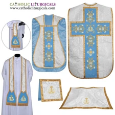 Metallic Silver Roman Chasuble Fiddleback Vestment and Mass set, AM embroidery