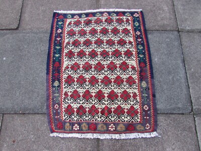 Feine Vintage traditionelle handgefertigte orientalische Wolle weiß rot kleiner Kilim 86x68cm