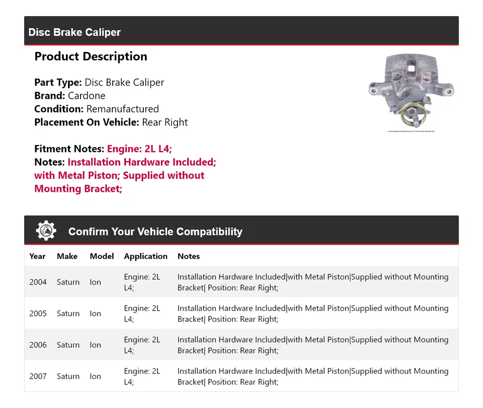 For 2004-2007 Saturn Ion 2L L4 Disc Brake Caliper Rear Right Cardone 2005 2006 - Image 2 of 4