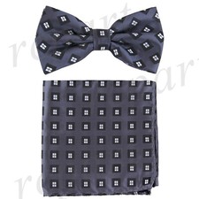 Men's Pre-tied Bow Tie  hankie set Gray black plaids  checkers formal prom