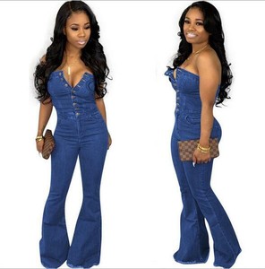 jean off the shoulder jumpsuit