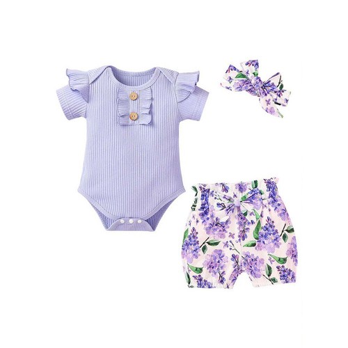 Newborn Baby Girl Clothes Ruffle Romper Jumpsuit Tops+Shorts+Headband Outfit Set - Picture 2 of 17