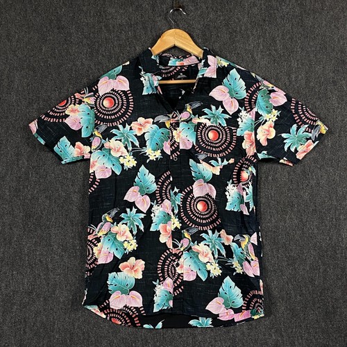 Rip Curl Mens Medium Short Sleeve Beach Party Shirt Black Hawaiian Tropical