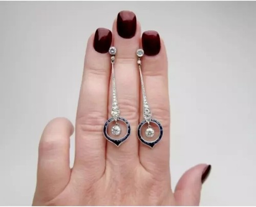 Vintage Style Round Lab Created Diamond & Sapphire 14K White Gold Plated Earring - Picture 2 of 5