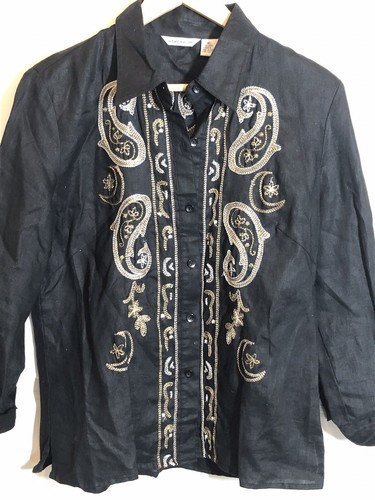 Richard Malcolm Shirt Women Extra Large Black 100% Linen Embroidered Western