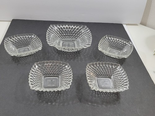 Vintage Indiana Glass 5 Pc Snack Set Clear Diamond Point Bowls 5" & 6" Square - Picture 3 of 14