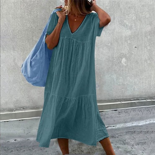Vestido largo caftán de verano informal de lino de algodón con cuello en V para mujer talla grande - Imagen 8 de 20