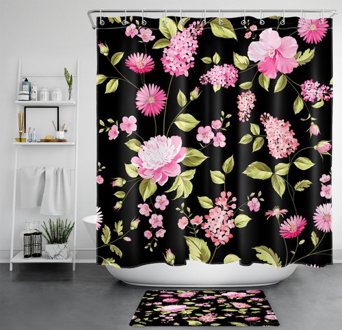 Fall Green Leaf Pink Wildflower on Black Shower Curtain Bathroom Accessories Set - Foto 1 di 21