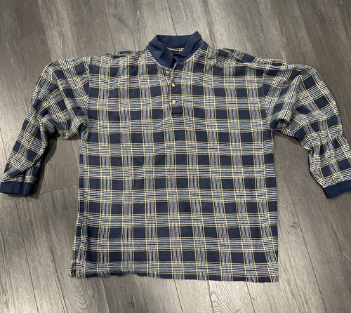 Vtg 90s Trader Bay Blue Yellow Plaid Rugby Shirt Polo Long Sleeve Shirt Men L