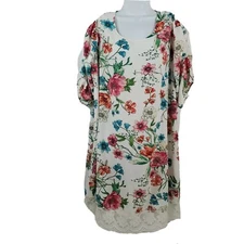 Love J Plus 2X Floral Short Sleeve Lace Trim Dress 