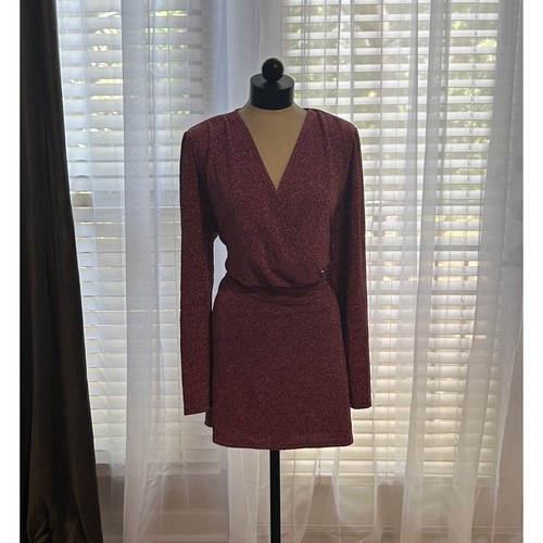 MNG Mango Dress Women’s Size 18 Pink Metallic Wrap Long Ballon Sleeve