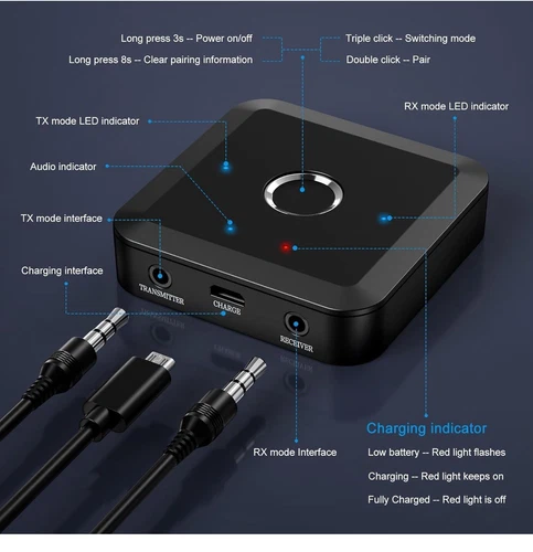 Bluetooth 5.2 Wireless Audio Adapter Transmitter Receiver For Car Tv Pc Aux Fm