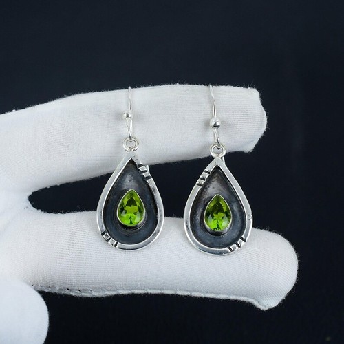 925 Sterling Silver Green Peridot Gemstone Handmade Jewelry Earring Size-1.5" - Picture 2 of 5