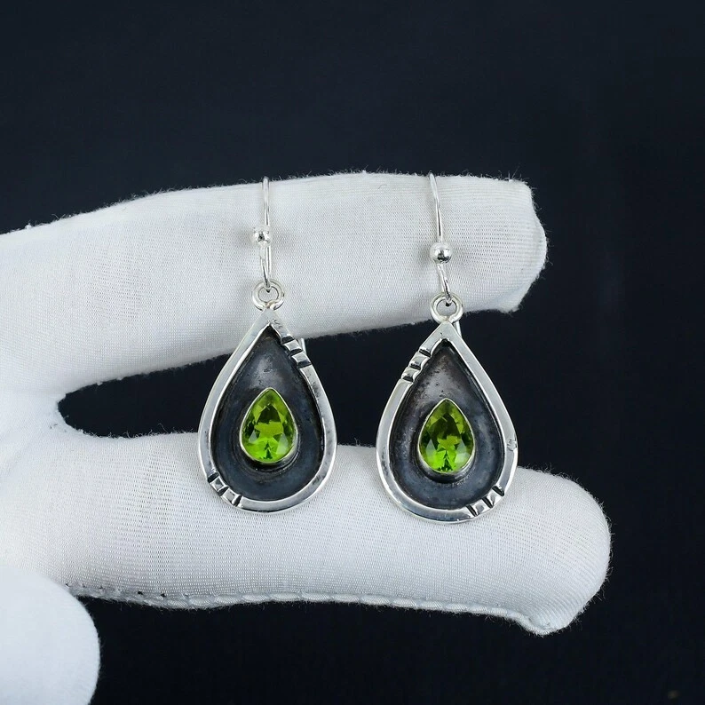 925 Sterling Silver Green Peridot Gemstone Handmade Jewelry Earring Size-1.5" - Image 2 of 4