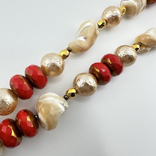 Handmade Faceted Red Glass Teardrop Shell Faux Pearl Beaded 19” Necklace - Picture 7 of 8
