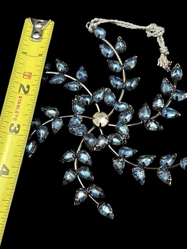 Vintage Smokey Blue Faceted Rhinestone & Gray Metal Floral 5" Christmas Ornament - Picture 3 of 8