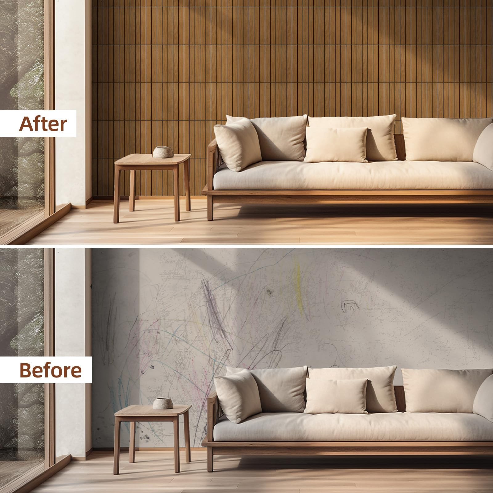 WADILE Peel and Stick Wood Slat Wall Panels 12"x12" (30×30cm) Decorative PV