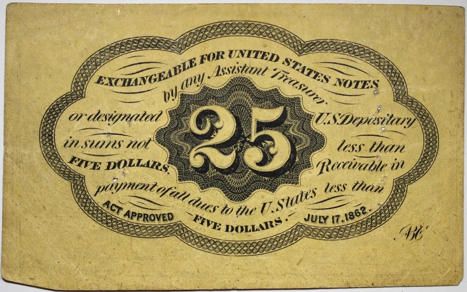 1862 25 Cents Fractional Currency XF+ EXTRA FINE Details Holed P198 - Image 2 of 2