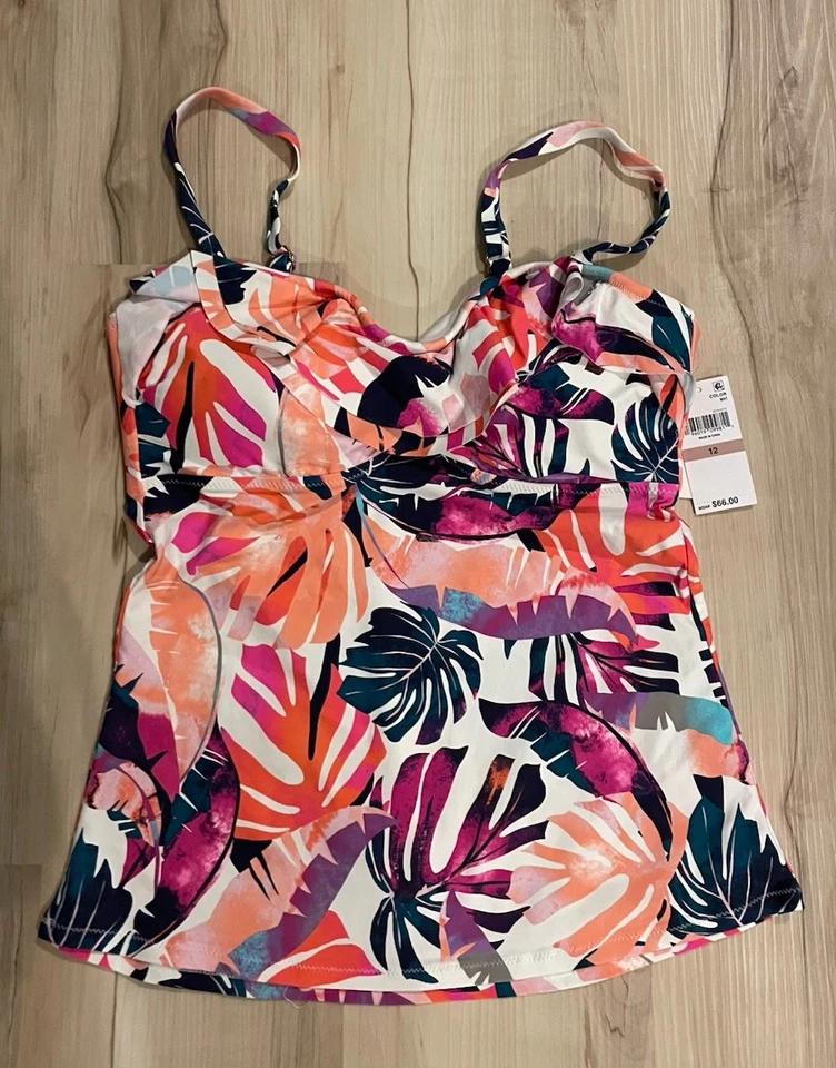 Leilani Tahiti Bandini Tankini Top Size 12 White Pink Tropical Print Beach - Image 3 of 4