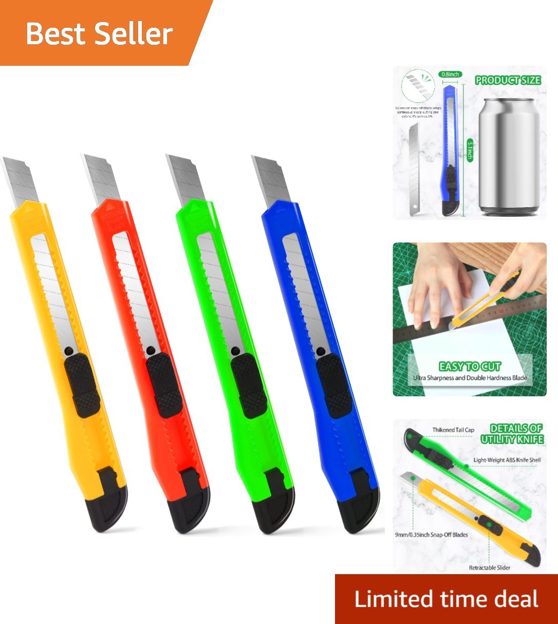 Lightweight 4 Pack Utility Knives: 9mm Retractable Box Cutte