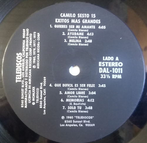 CAMILO SESTO -15 Exitos Mas Grandes - LP 1980 Telediscos Records DAL-1011 Latin - Imagen 4 de 6