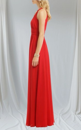 Badgley Mischka Chiffon Rosso Rubino Abito da Gala Evento Senza Maniche Maxi Abito 6 M - Foto 5 di 19