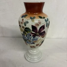 VINTAGE Beautiful Painted GLASS VASE  FLORAL 13 INCHES