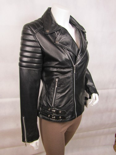 Damen schwarz Napa Leder schmal eng anliegend kurz Biker Mode Jacke Fahrrad - Bild 3 von 12