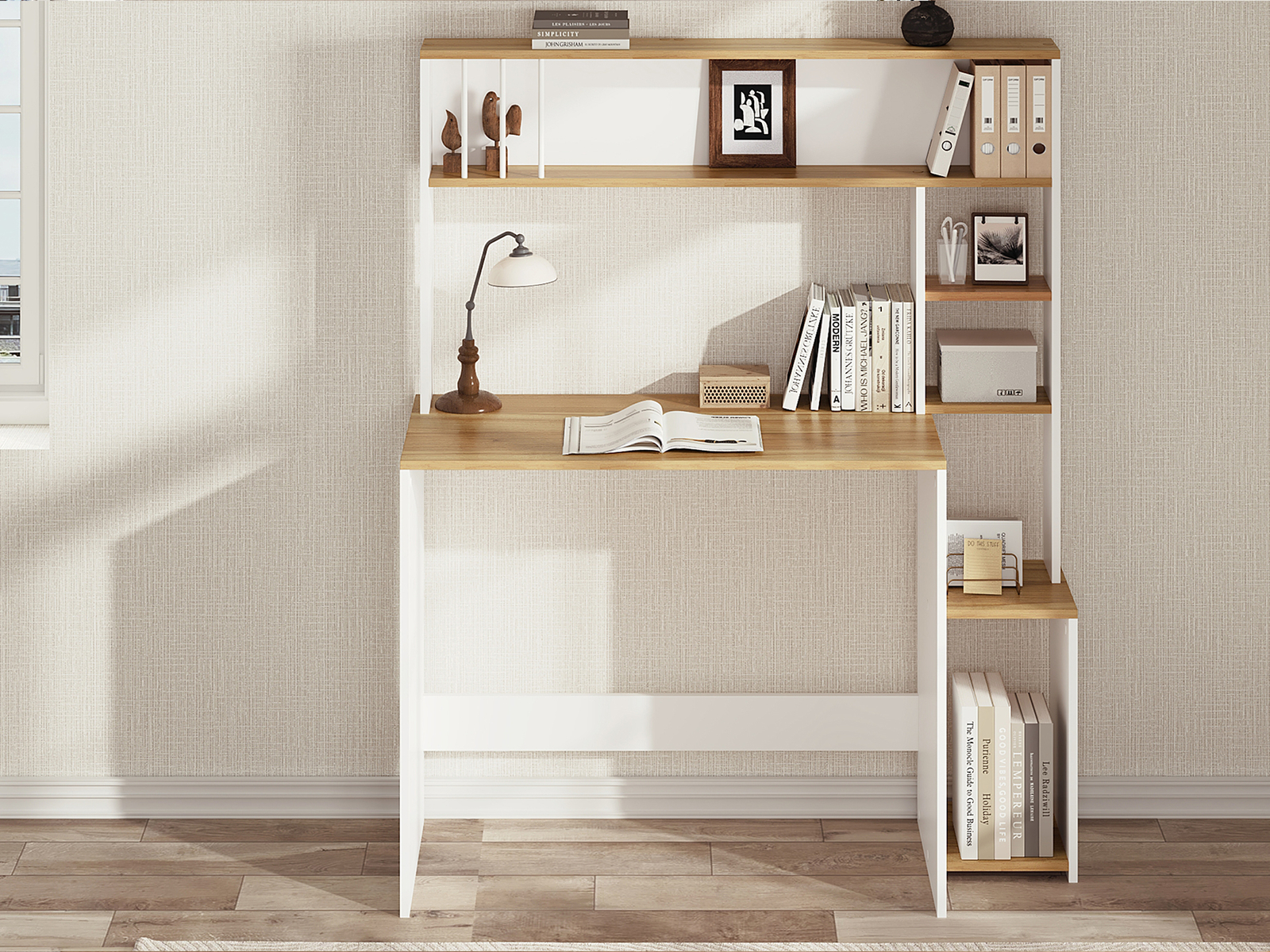 Computertisch mit Regal WeißEiche Eckschreibtisch für Home Office Schreibtisch
