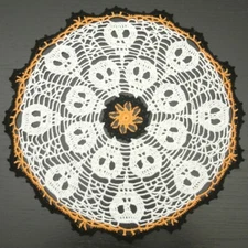 34 cm, 13.4“, White, Orange, Black, Halloween, Skull, Crochet Doily, ogrc30, 590