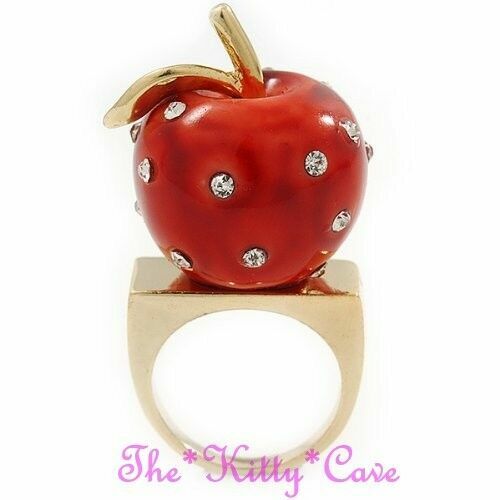 Red Apple Fruit Boho 18k Gold Statement Cocktail Dress Ring w Swarovski Crystals - Picture 2 of 9