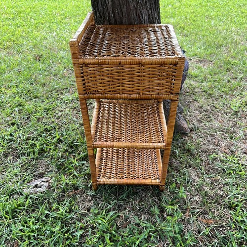Vintage 26” Bamboo Woven Rattan Wicker Side Table 4 Shelves Bohemian Beach Brown - Picture 5 of 15