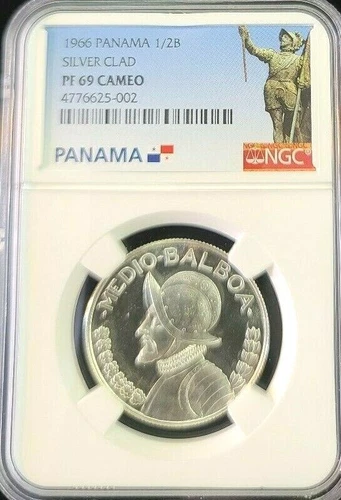 1966 PANAMA SILVER 1/2 BALBOA VASCO NUNEZ DE BALBOA NGC PF 69 CAMEO HIGH GRADE 