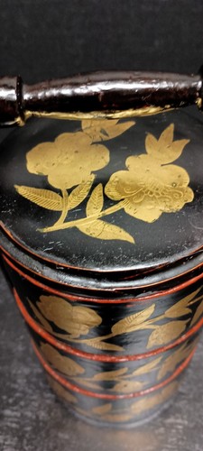 Antica scatola cesto matrimonio cinese 3 livelli nero laccato oro floreale legno - Foto 4 di 19