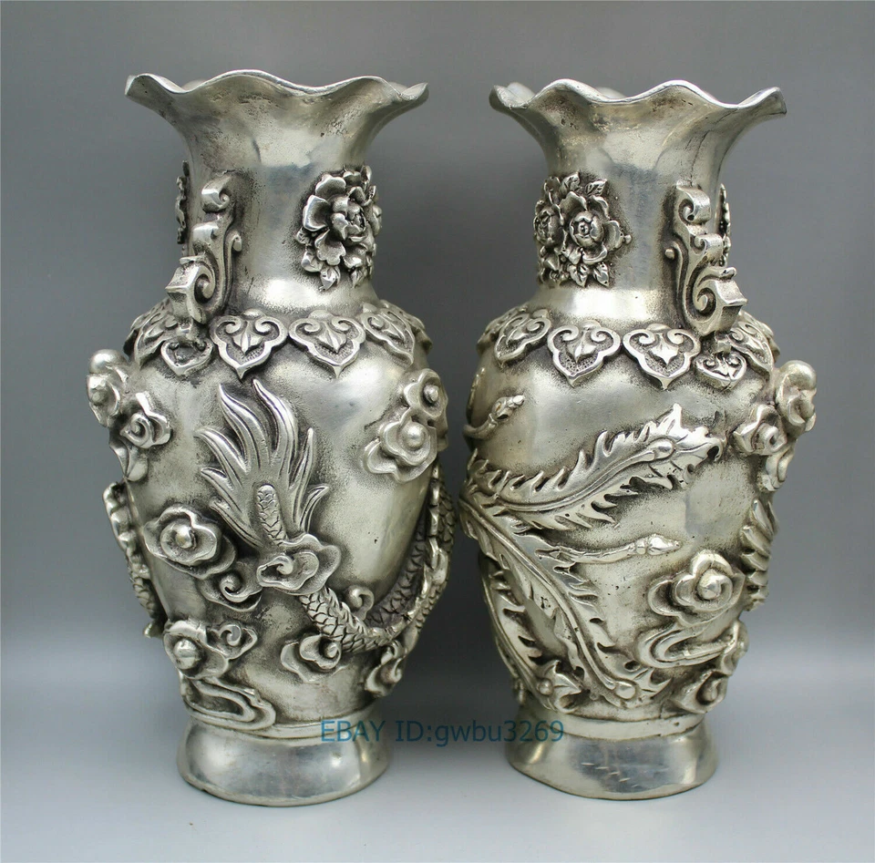 Collection old Tibet silver Vase Handwork carved dragon& Phoenix w Qianlong Mark - Image 4 of 4