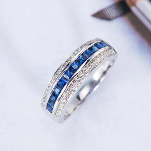Natural Blue Sapphire Wedding Band Ring Half Eternity 925 Sterling Silver - Bild 1 von 6