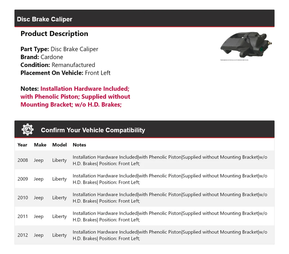 Pinza de freno de disco delantera izquierda Cardone 2009 2010 2011 para Jeep Liberty 2008-2012 Foto 2 de 4