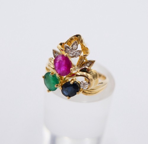 Gelbgold Ring Bunte Edelsteine 585 14K Gr.54 Diamant Smaragd Rubin Saphir 1,11Ct - 第 1/12 張圖片