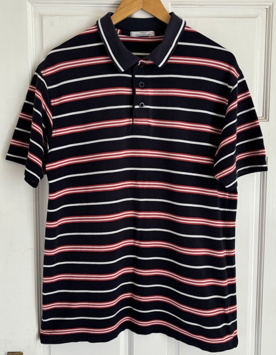 Vintage ST MICHAEL Polo Shirt Navy Blue Mens Large Striped Short Sleeve Golf M&S