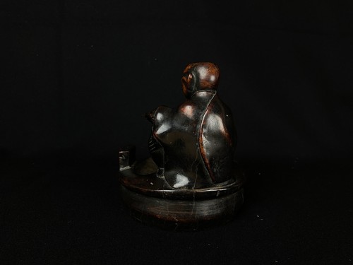 Japanese Antique  Okimono Ashtray Wooden Hand Carved Man Sitting (b865) カケ - Picture 4 of 10