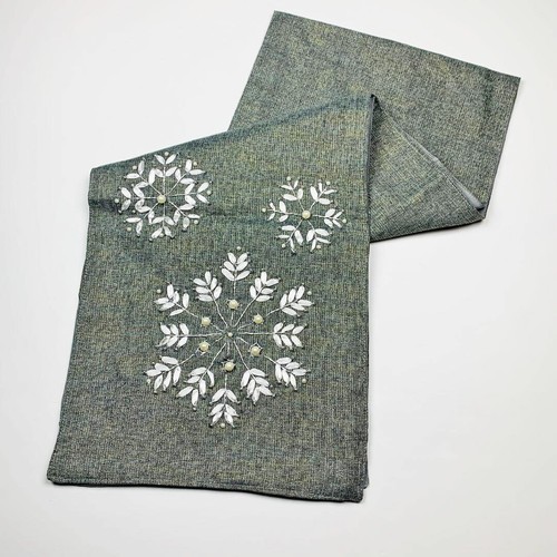 Copo de nieve plateado Navidad cinta con cuentas arte lino 72" corredor de mesa - Imagen 1 de 3