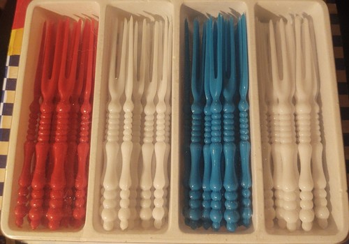 VINTAGE Cocktail Forks Pickle Cheese Olive Hors d' Oeuvres 48 red white and blue - Picture 3 of 3