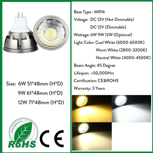 Dimmable LED Spot light Bulb COB E27 GU10 GU5.3 MR16 6W 9W 12W Lamps Bright BC - Picture 12 of 15