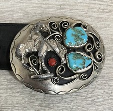 Vintage BLUE TURQUOISE RED CORAL BELT BUCKLE western Theme w/belt READ  5A