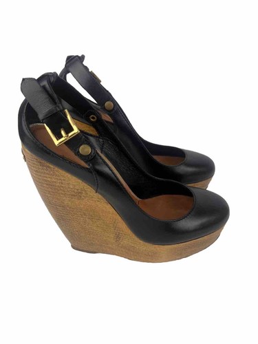 Burberry Black Leather /Wooden Block Wedge Heel Shoes Size UK 4 New - Picture 2 of 10
