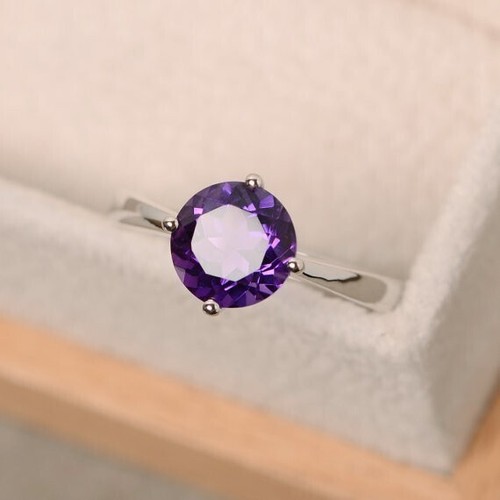 1.00Ct Round Cut Simulated Amethyst Women's Wedding Ring 14k White Gold Plated - Picture 2 of 8