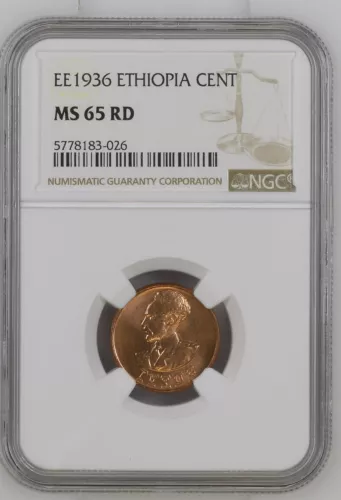Ethiopia: full RED GEM BU 1 santeem 1936 (1943-44) NGC MS65RD