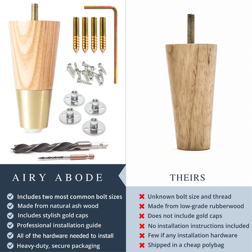Ash Wood Gold Furniture Legs 4, 6, 8, 10, 12, 16 inch Feet Replacement Set of 4 - Picture 26 of 30